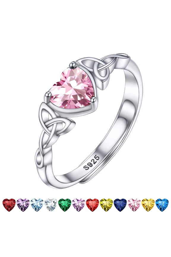 Infinity Love Celtic Knot Rings Women Sterling Silver Heart Rings October Pink Tourmaline Gemstone Rings for Her Mom Daughter