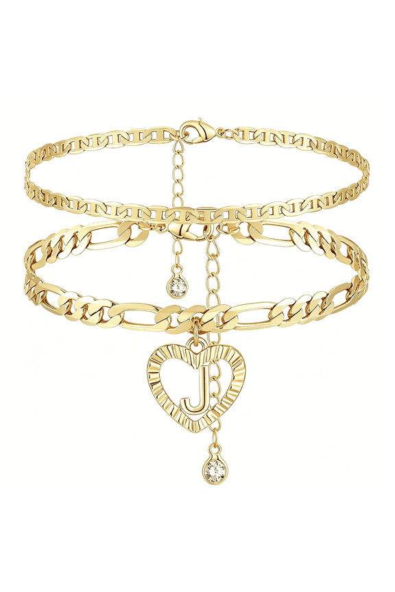 Initial Ankle Bracelets for Women 14K Gold Plated Layered Figaro Chain Letter Initial Anklets Handmade Layered Heart Ankle Bracelets Personalized Jewelry for Women