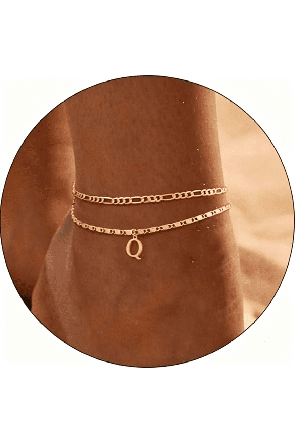 Initial Ankle Bracelets for Women,Layered Waterproof Anklet for Women 14K Gold Filled Anklets Layering Thin Figaro Letter Anklet Summer Jewelry Gifts for Women