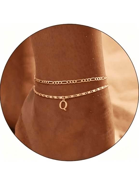 Initial Ankle Bracelets for Women,Layered Waterproof Anklet for Women 14K Gold Filled Anklets Layering Thin Figaro Letter Anklet Summer Jewelry Gifts for Women