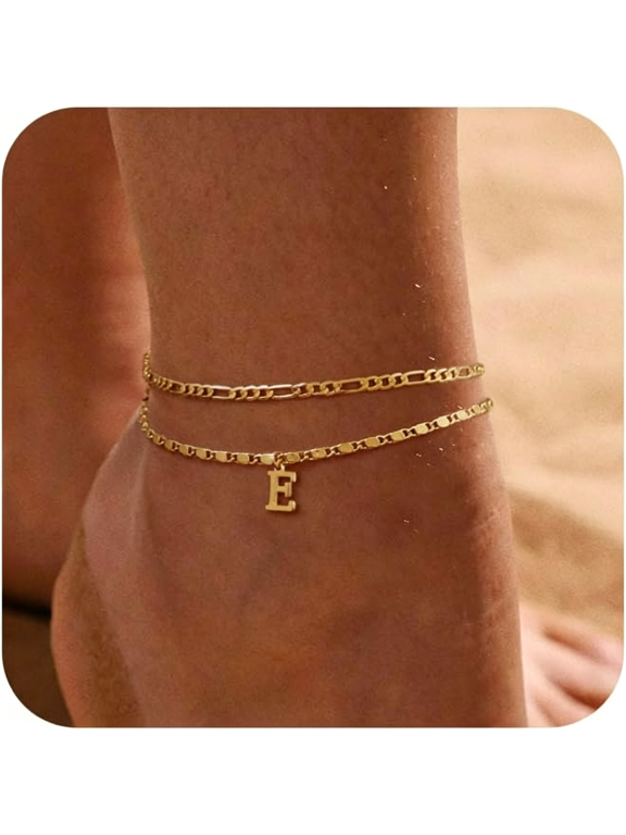 Initial Ankle Bracelets for Women,Layered Waterproof Anklet for Women 14K Gold Filled Anklets Layering Thin Figaro Letter Anklet Summer Jewelry Gifts for Women