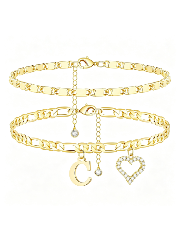 Initial Ankle Bracelets for Women Waterproof 14K Gold Plated Dainty Layered Figaro Chain Letter Initial Cz Heart Ankle Bracelets Set Summer Beach Jewelry for Women