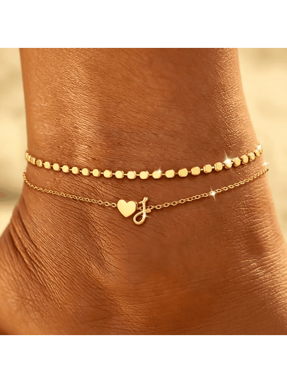 Initial Ankle Bracelets for Women Waterproof 14K Gold Plated Layered Anklets Non Tarnish Dainty Heart Letter A-Z Ankle Bracelets Handmade Adjustable Summer Beach Gold Anklet Jewelry