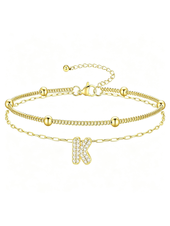 Initial Ankle Bracelets for Women Waterproof Adjustable,14K Gold Plated/Silver Stainless Steel Anklet Non Tarnish,Dainty Layered Anklets,Bubble Initial A-Z,Summer Beach Jewelry