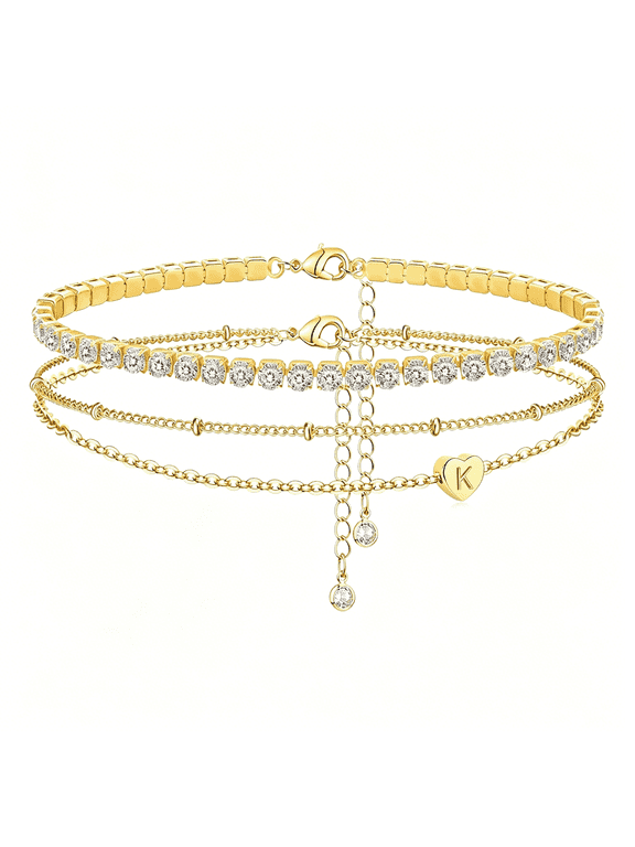 Initial Ankle Bracelets for Women,14K Gold Plated Waterproof Dainty Layered Heart Letter Initial Anklets Personalized Gifts