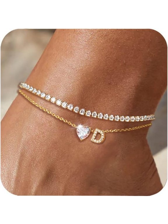 Initial Anklet Bracelets for Women Waterproof Non Tarnish 14K Gold/White Gold Plated CZ Anklets for Women Dainty Layered Letter Heart Ankle Bracelets Adjustable Foot Chain Anklet
