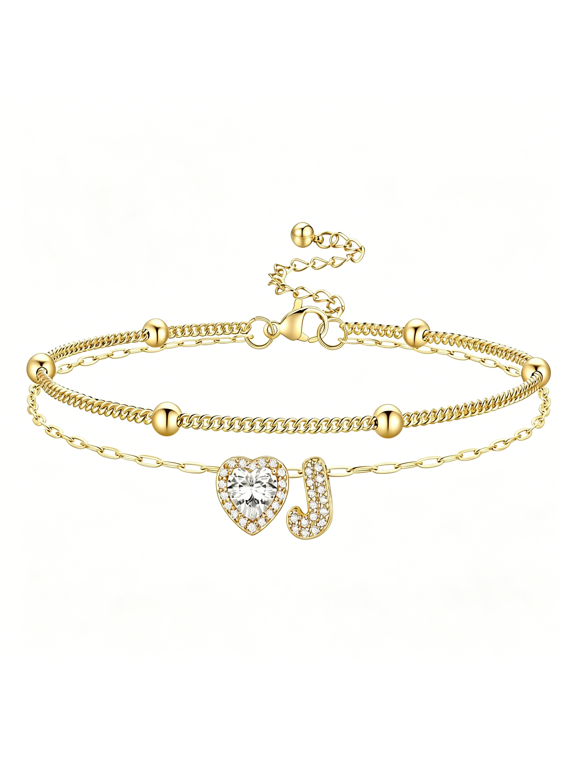 Initial Anklet Bracelets for Women Waterproof Non Tarnish 14K Gold/White Gold Plated CZ Anklets for Women Dainty Layered Letter Heart Ankle Bracelets Adjustable Foot Chain Anklet