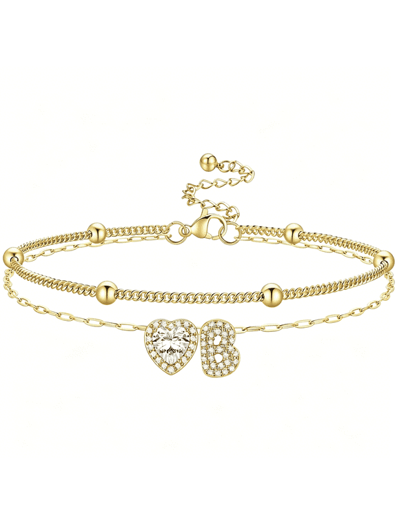 Initial Anklet Bracelets for Women Waterproof Non Tarnish 14K Gold/White Gold Plated CZ Anklets for Women Dainty Layered Letter Heart Ankle Bracelets Adjustable Foot Chain Anklet