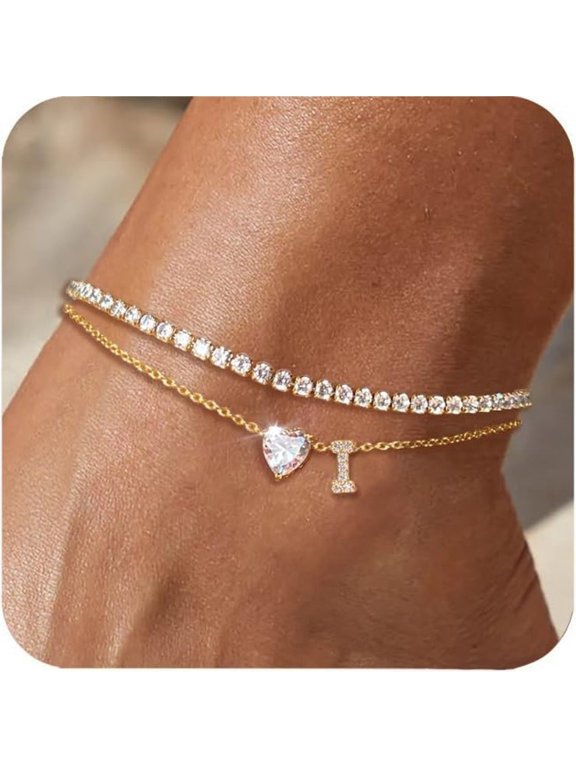 Initial Anklet Bracelets for Women Waterproof Non Tarnish 14K Gold/White Gold Plated CZ Anklets for Women Dainty Layered Letter Heart Ankle Bracelets Adjustable Foot Chain Anklet