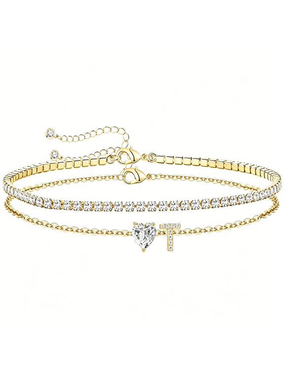 Initial Anklet Bracelets for Women Waterproof Non Tarnish 14K Gold/White Gold Plated Cz Anklets for Women Dainty Layered Letter Heart Ankle Bracelets Adjustable Foot Chain Anklet