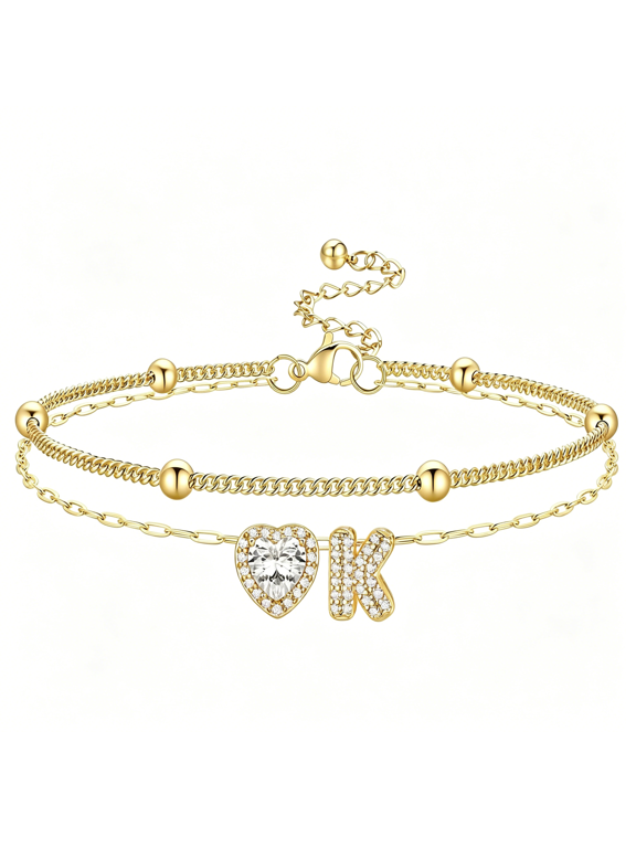 Initial Anklet Bracelets for Women Waterproof Non Tarnish 14K Gold/White Gold Plated Cz Anklets for Women Dainty Layered Letter Heart Ankle Bracelets Adjustable Foot Chain Anklet