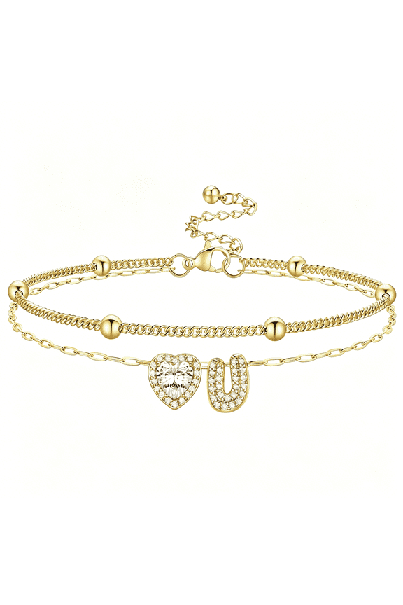 Initial Anklet Bracelets for Women Waterproof Non Tarnish 14K Gold/White Gold Plated Cz Anklets for Women Dainty Layered Letter Heart Ankle Bracelets Adjustable Foot Chain Anklet