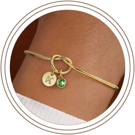 DESIGNICE Initial Birthstone Bracelets for Women Girls,Dainty 14K Gold Plated 12 Months Disc Initial A-Z Birthstone Heart Knot Bangle Bracelet Birthday Bridesmaid Jewelry Graduation Gifts for Women