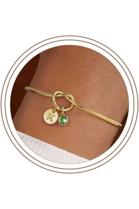 Initial Birthstone Bracelets for Women Girls,Dainty 14K Gold Plated 12 Months Disc Initial A-Z Birthstone Heart Knot Bangle Bracelet Birthday Bridesmaid Jewelry Graduation Gifts for Women