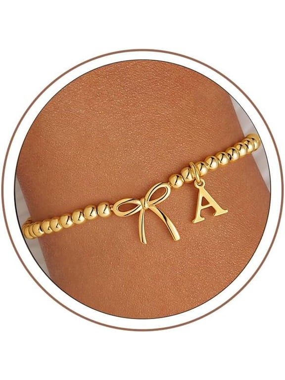 Initial Bracelet-Bow Bracelets for Women,14K Gold Plated Letter A-Z Beaded Bracelet for Teen Girls,Charm Stretch Initial Bracelets,Women Dainty Bow Jewelry Personalized Birthday Gifts