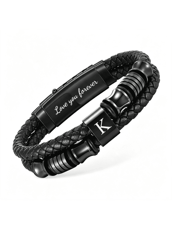 Initial Braided Leather Bracelets for Men-Double-Row Braided Mens Leather Bracelet Adjustable Wristband Initial Bracelet with Stainless Steel Clasp Unique Jewelry Gifts for Husband Dad Son