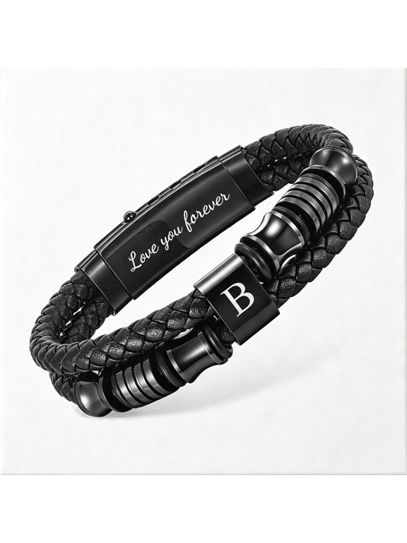 Initial Braided Leather Bracelets for Men-Double-Row Braided Mens Leather Bracelet Adjustable Wristband Initial Bracelet with Stainless Steel Clasp Unique Jewelry Gifts
