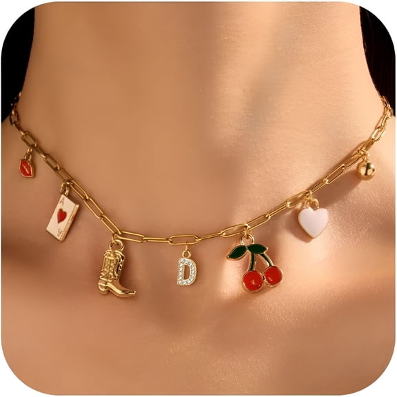 DESIGNICE Initial Charm Necklace for Women Gold Letter Necklace Charm Pendant Western Cowgirl Cherry Heart Fruit Choker Necklace Charms Jewelry for Women Gifts Trendy Stuff