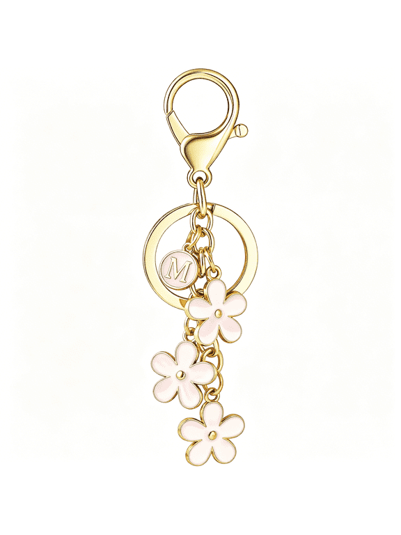 Initial Keychain White/Pink Flower Charms for Key Cute Keychain Letter Keyring for Handbag Backpack