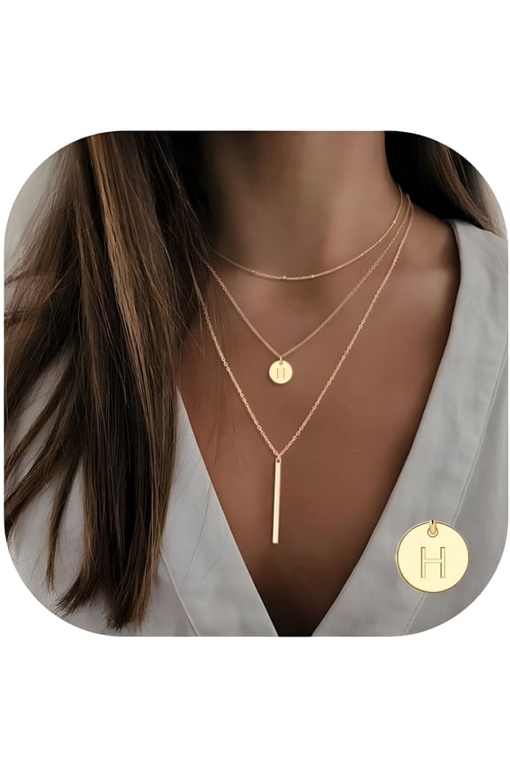 Initial Layered Necklaces for Women,14K-Gold-Plated Coin Letter Necklace Bar Stacking Layer Necklace Multi Bar Layering Y-Necklaces Jewelry for Women