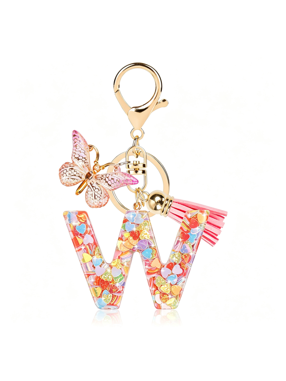 Initial Letter Keychain Cute Keychain Butterfly Sequins Alphabet Resin Name Tassel Keychain for Women'S Gift Girly Keychain