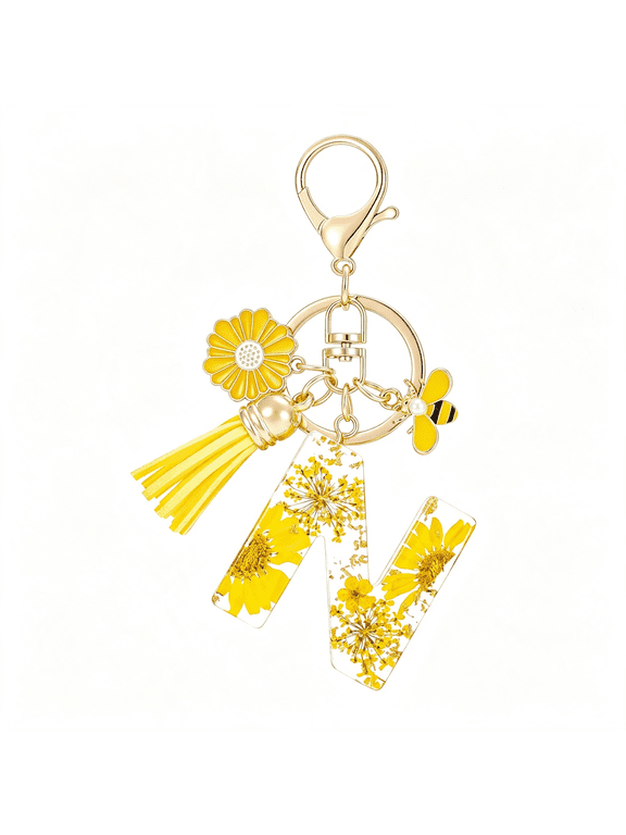 Initial Letter Keychain Resin Alphabet Keyrings,Yellow Petals Gold Foil Key Ring Key Chain Charm Resin Yellow Petals Gold Foil N Keychain
