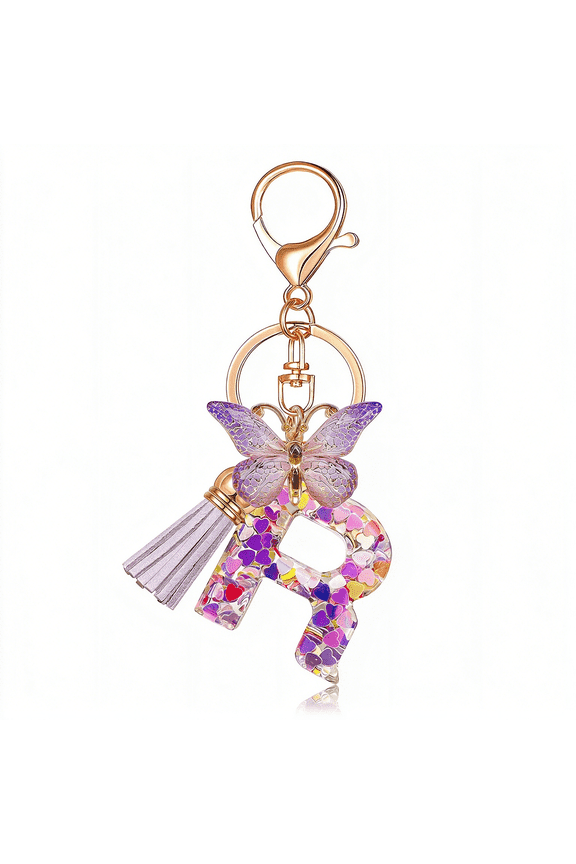 Initial Letter Keychains for Women Tassel Butterfly Pink Purple Cute Car Keychain for Wallet Backpack Bag Charm Cute Keychains