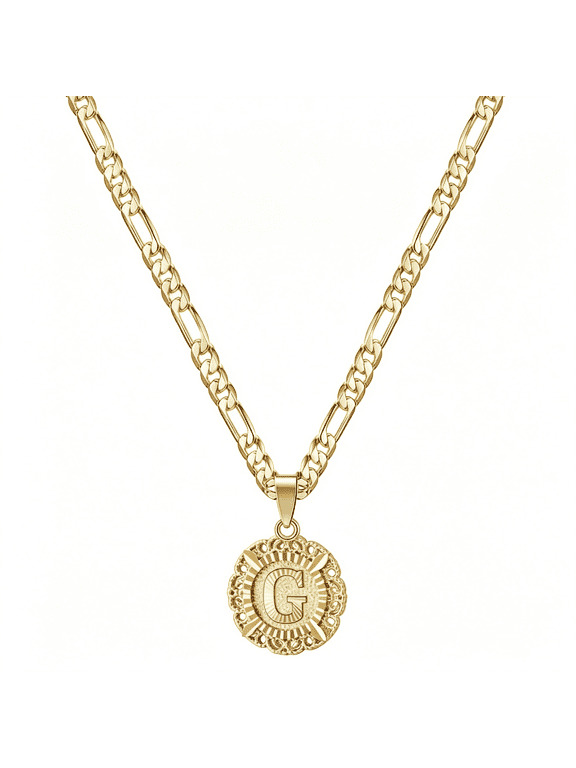 Initial Necklaces for Women, 14K Gold Plated Round Letter Pendant Capital Monogram Necklace Alphabets from A-Z Figaro Chain Jewelry, 14K Gold Plated Round G Necklace Gold