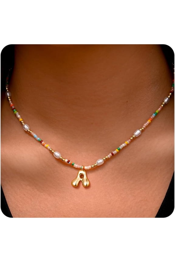 Initial Necklaces for Women Girls Kids-Light Colorful Beaded Pearl Initial Necklace Gold/Silver Bubble Pendant Letter Necklace for Women Teens Girls Kids Birthday Gifts