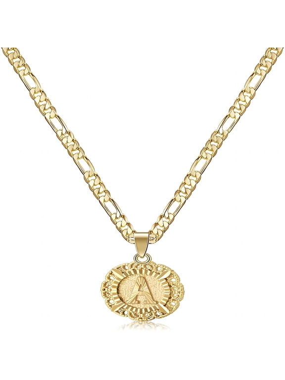 Initial Necklaces for Women,Gold Plated Round Letter Pendant Capital Monogram Necklace Alphabets from A-Z Figaro Chain Jewelry