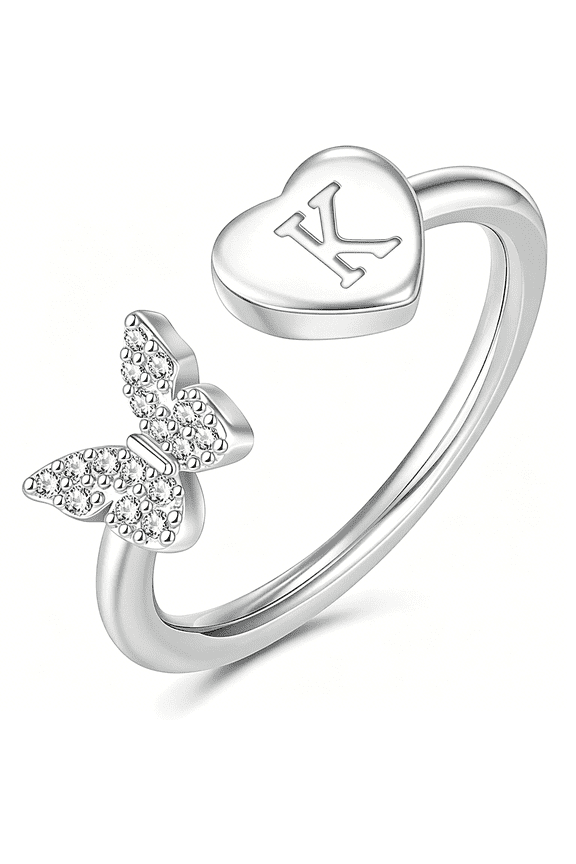 Initial Ring for Women Teens,Gold Plated Butterfly Heart Letter K Open Adjustable Ring,Dainty Alphabet Ring Jewelry Gift for Birthday