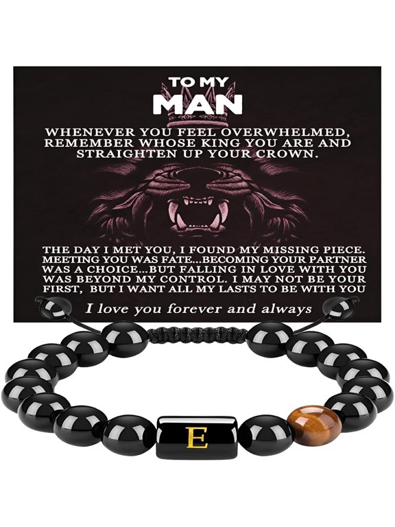 Initials Bracelets for Men Letter Link Handmade Natural Black Onyx Tiger Eye Stone Beads Braided Rope Meaningful Bracelet for Boyfriend Husband Birthday Fathers Gifts