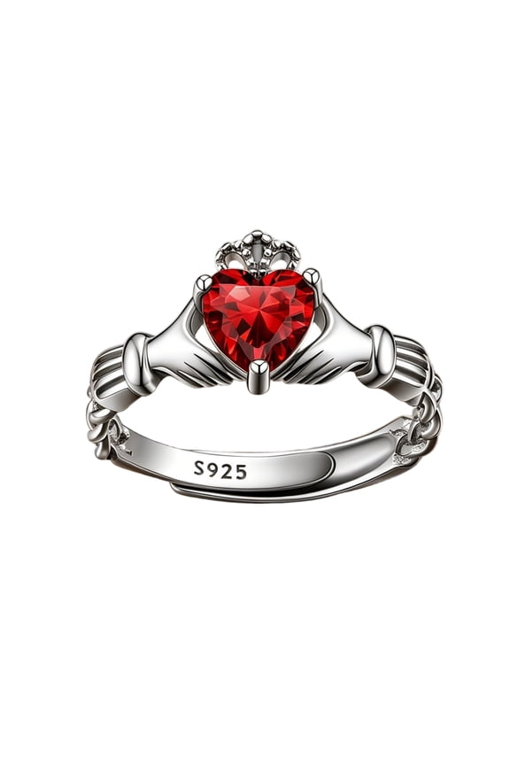Irish Claddagh Heart Promise Ring for Women 925 Sterling Silver Garnet January Birthstone Celtic Knot Ring Adjustable Wedding Band Jewelry Gift for Wife Anniversary