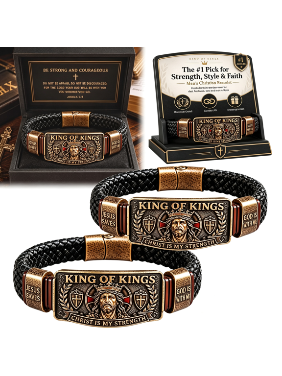 Jesus Bracelets for Men King of Kings Faith Bracelet Adjustable Christian Wristband Gift Handmade Christ Religious Ultimate Tribute Engraved Crowns Leather Wristbands Wear Belief with Pride