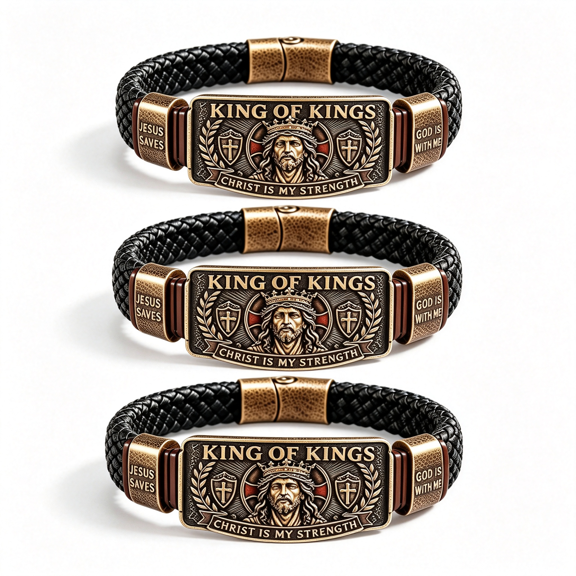 DESIGNICE Jesus Bracelets for Men King of Kings Faith Bracelet Adjustable Christian Wristband Gift Handmade Christ Religious Ultimate Tribute Engraved Crowns Leather Wristbands Wear Belief with Pride