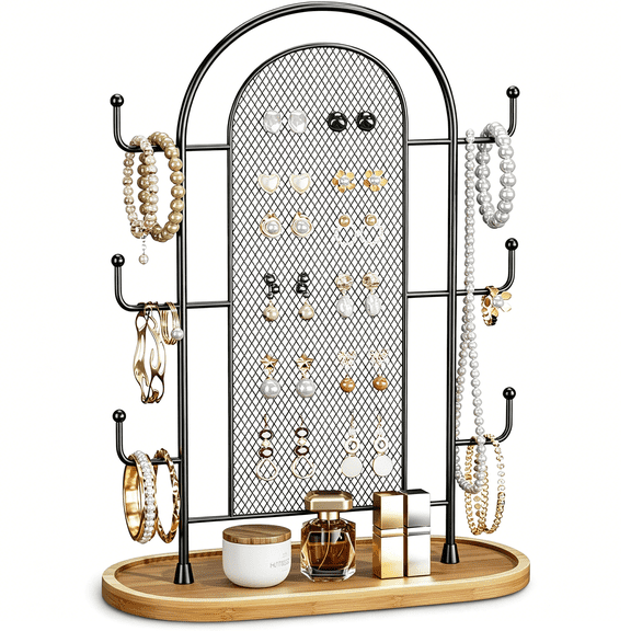 DESIGNICE Jewelry Holder Organizer Earring Display-Stands Earring Storage Earring Tree Hanger Jewelry Towers Rack with 6 Hooks 300 Stud Holes Wood Tray for Necklaces Bracelets Rings