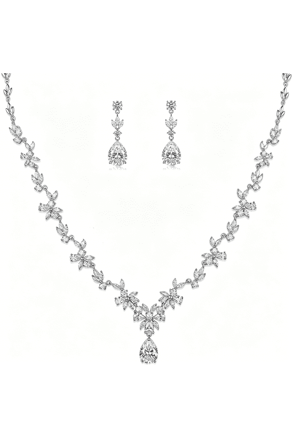 Jewelry Set for Women,Necklace Dangle Earrings Bracelet Set with White Aaa Cubic Zirconia,Allergy Free Wedding Party Jewelry for Bridal Bridesmaid