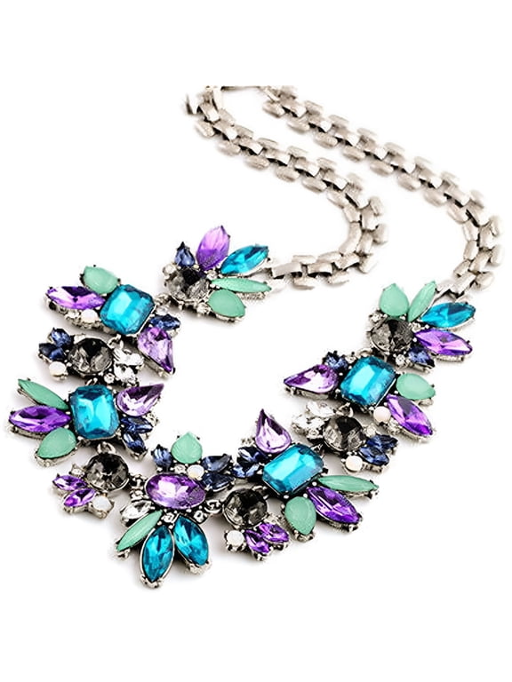 Jewelry for Women Fashion Statement Bib Collar Colorful Rhinestone Floral Chain Necklace for Gift (Purple, One Size)