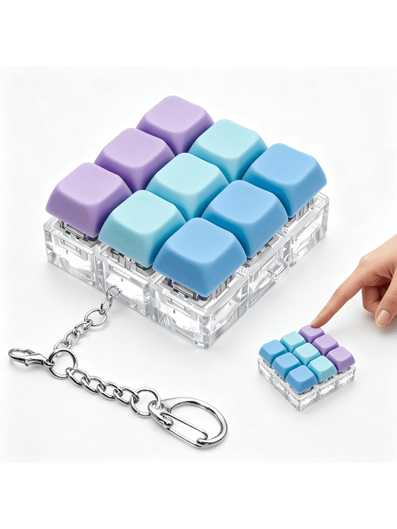 Keyboard Fidget Toy Keychain for Stress Relief, 9-In-1 Finger Clicky Decompression Button Keychain with Swappable Keycaps, Mini Mechanical Key Fidget for Kids Adult Office Desk Focus
