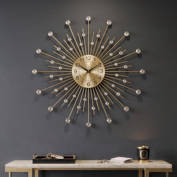 DESIGNICE Large Gold Wall Clock 30 Inch,Crystal Sunburst Mid Century Modern Clocks for Living Room Decor,Luxury Decorative Battery Operated Metal Clock Silent Non Ticking for Home Ddecor