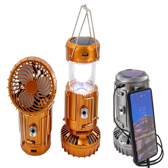 DESIGNICE Large Solar Powered Lantern w/ Fan Rechargeable Camping Flashlight Lamp w/ Battery Backup Portable, Adjustable, Collapsible, Solar Charging Station Rechargeable Fan With Light Copper