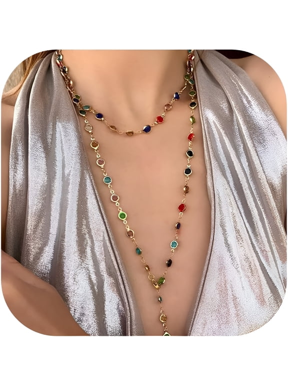Lariat Necklace for Women Layered Long Gold Necklace Y-Shaped Gold Drop Pendant Long Rhinestone Body Chains Jewelry