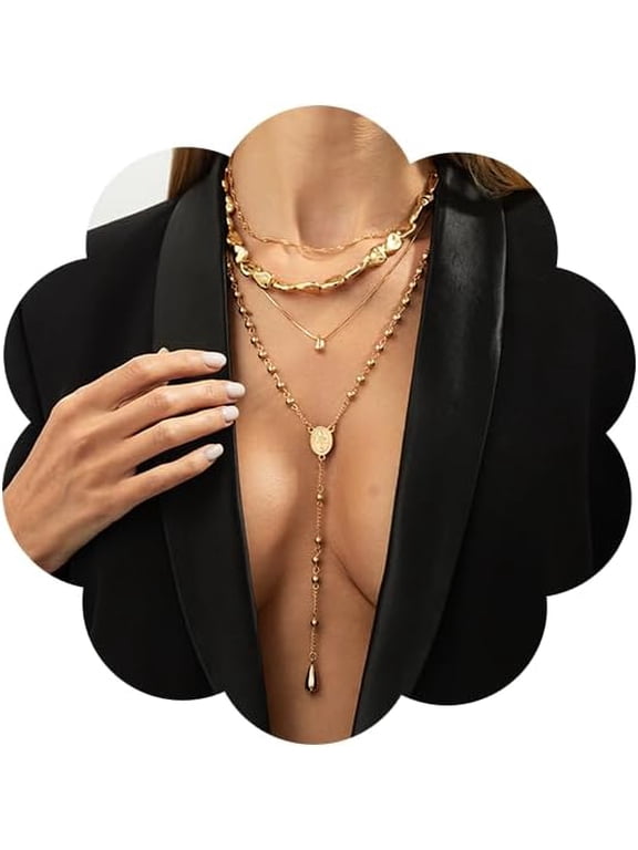 Layered Lariat Long Necklace for Women Trendy Gold Y-Shaped Pendant Necklace Bead Charm Long Necklace