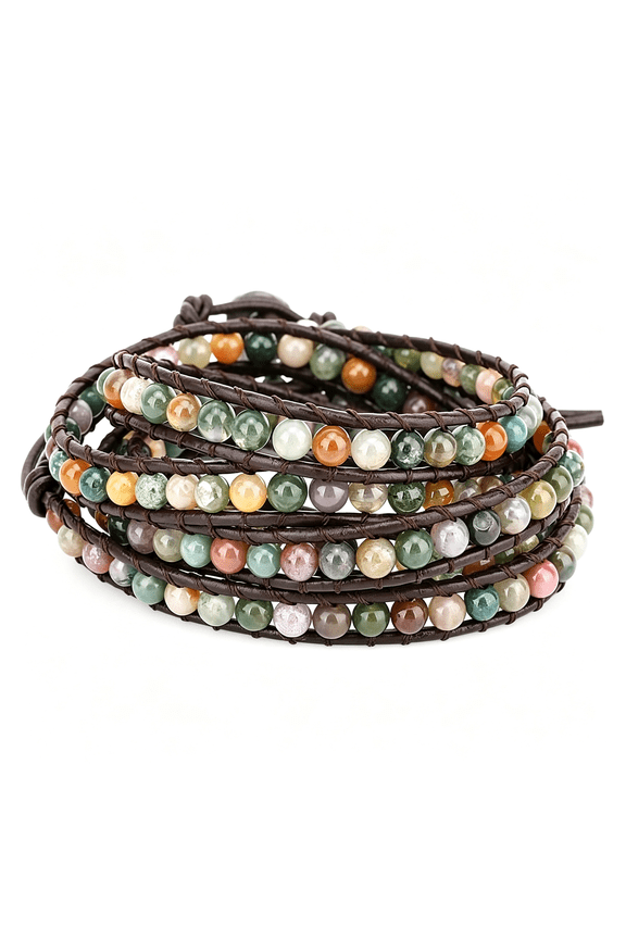 Layered Leather Bracelet,Rivet Leopard Print Bohemian Style Multilayer Wrap Bracelet,Handmade Agate Amethyst Chakra Crystal Glass Beaded Shell Bracelet for Women