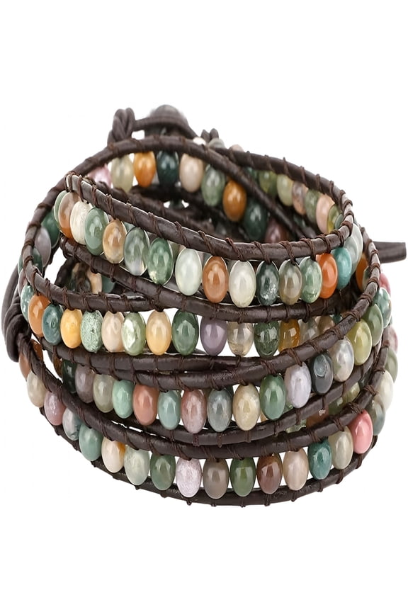 Layered Leather Bracelet,Rivet Leopard Print Bohemian Style Multilayer Wrap Bracelet,Handmade Agate Amethyst Chakra Crystal Glass Beaded Shell Bracelet for Women