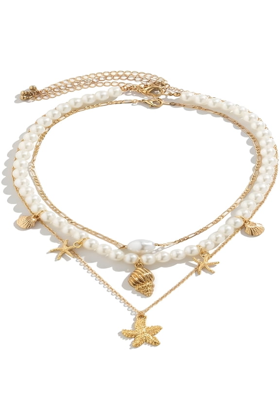 Layered Pearl Starfish Shell Beach Necklaces for Women Bohemian Summer Gold Starfish Puka Conch Seashell Surfer Beach Beaded Choker Necklaces Ocean Jewelry