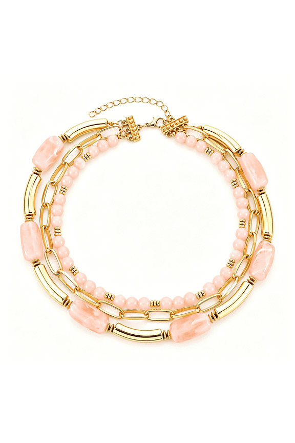 Layered Pink Beaded Necklace For Women, 14k Gold Plated Boho Chunky Resin Bead Paperclip Chain Choker Necklaces Summer Beach Vacation Jewelry Gifts