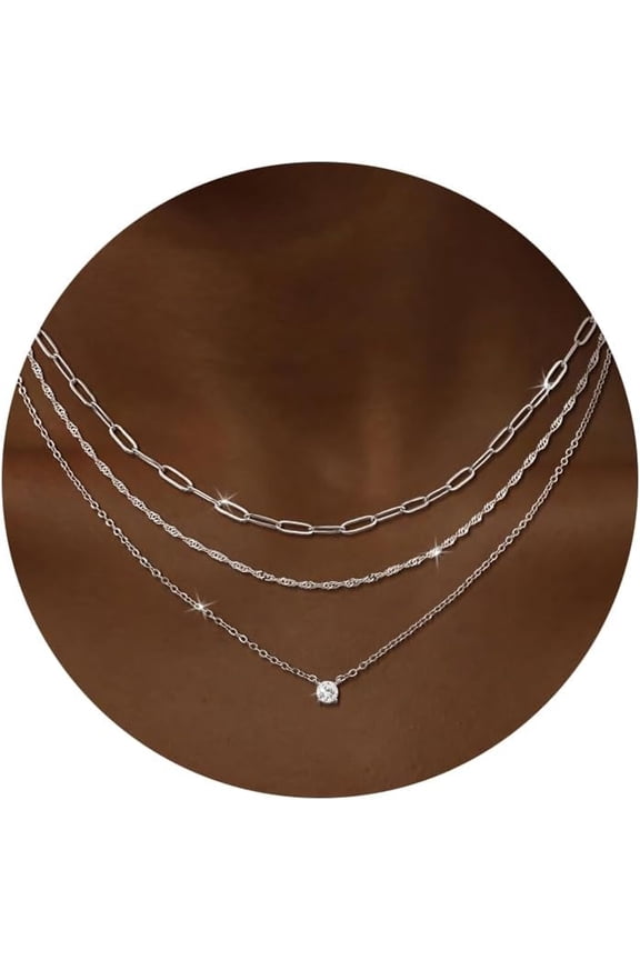Layered Silver Necklace for Women Trendy,Dainty Silver Plated Stackable Charm Necklace Layering Paperclip Tennis Rope Chain Cz Pendant Jewelry Set Gifts