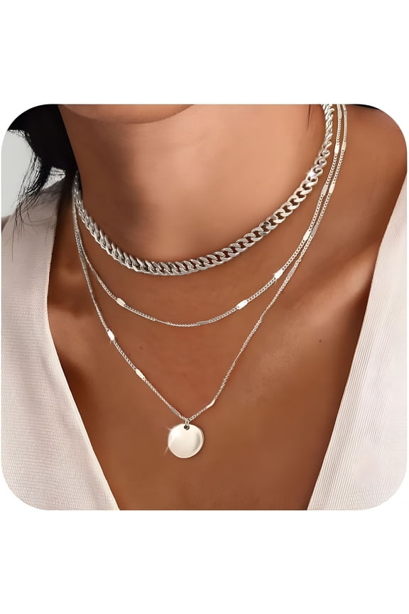Layered Silver Necklaces for Women, Sterling Silver Stackable Stack Choker Necklaces for Women Trendy Layering Circle Pendant Chain Necklace Set Jewelry for Women