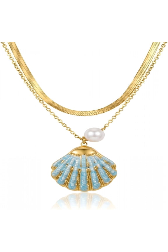 Layered Snake Chain Necklace for Women,18K Gold Plated Stainless Steel,Enamel Starfish Sea Turtle Shell Charm with Pearl,Boho Coastal Gift